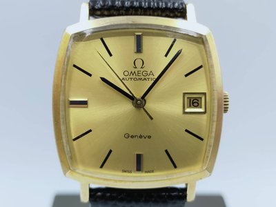 【發條盒子A1620】OMEGA 歐米茄 GENEVE 日內瓦系列 方型鍍金金面 自動上鍊日期顯示 經典皮帶款 經典男錶