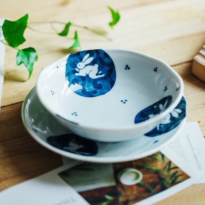 現貨：【新品上架】日本進口美濃燒 日式碗飯碗釉下彩兔子碗盤家用餐具