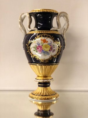 德國麥森MEISSEN 古典花卉 帝王藍超重金 罕見蛇頸花瓶 一級典藏品 (產品編號: E153)