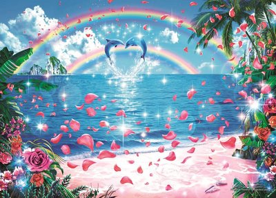 07-716 夜光絕版500片日本進口拼圖 海景 Lassen 海豚 海洋 海邊 沙灘 玫瑰花 彩虹 天堂樂園