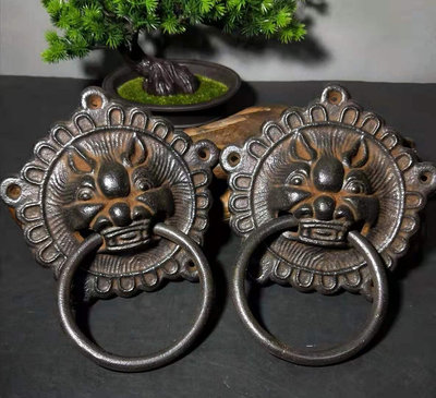 二手 鐵門環 鐵虎頭門環，精鐵鑄造，做工精細 古玩 雜項 擺件【萬寶閣】1329