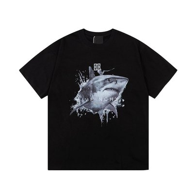 新品GIVENCHY 紀梵希 夏季鯊魚印花寬鬆純棉圓領短袖T恤男女士情侶款 黑色 XS~L促銷