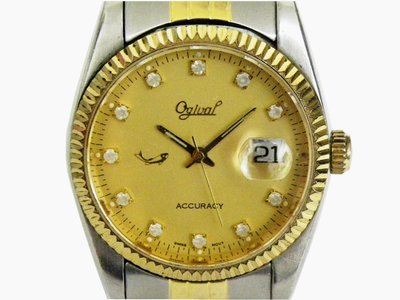 [專業模型] 石英錶 [Ogival G3038] 愛其華 蠔式圓型半金石英錶[金色面+日期]/中性/新潮錶