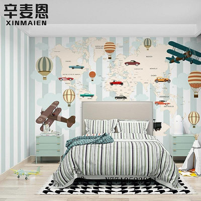 地圖卡通飛機熱氣球壁紙兒童房墻布世界地圖壁布男孩臥室床頭背景墻紙掛圖