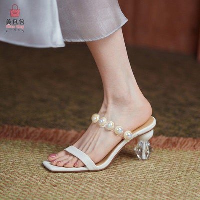【夏季女鞋】透明水晶高跟鞋一字帶涼拖鞋女夏外穿時尚年新款粗跟珍珠涼鞋