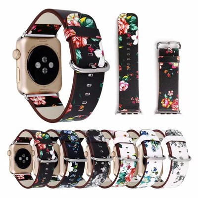 蘋果真皮牡丹花表帶 Apple watch5/4/3印花替換錶帶iwatch44MM/40MM真皮錶帶 蘋果智慧手錶錶帶