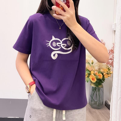 紫色短袖T恤女2023年夏季新品正韓休閒卡通動漫刺繡圓領百搭上衣