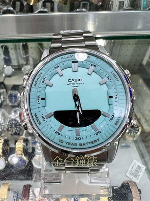 【金台鐘錶】CASIO卡西歐 AMW-880D-2A2（大錶徑)(湖水綠)10年電力指針數位雙顯 不鏽鋼 防水50米