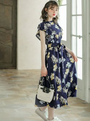 預購 日本 漂亮花朵圖騰雪紡洋裝  洋裝