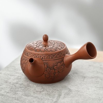 現貨熱銷-茶具美濃燒日本進口全手工雕花朱泥紫砂茶具急須單壺家用單個側把茶壺免運