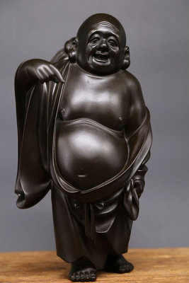 （二手）-日本回流彌勒佛銅像、野上龍起作，七福神之布袋和尚立像。 古玩 擺件 老物件【金善緣】