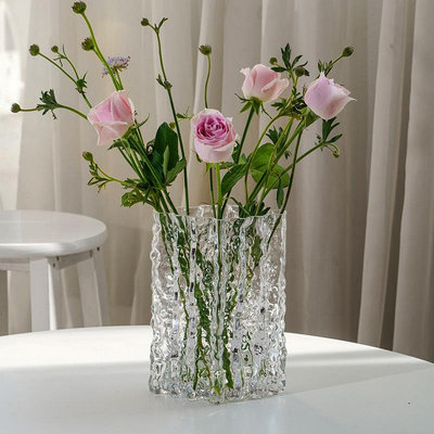 玻璃透明冰川感水養ins大口徑鮮花花瓶擺件客廳插花