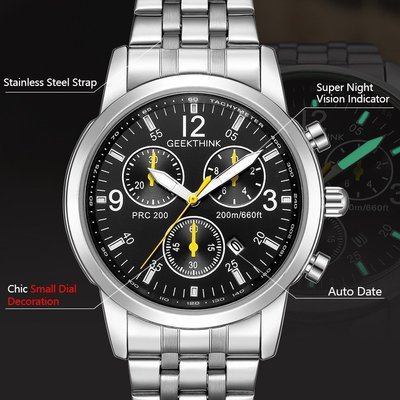GEEKTHINK 2020新款 男士全鋼商務腕錶 夜光指針 日曆顯示 裝飾三眼 不銹鋼高品質石英腕錶 低價現貨批發-現貨上新912
