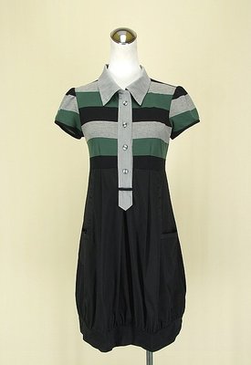貞新二手衣 YUSTZ 玉袖子 綠色條紋V領短袖棉質洋裝M(9號)(76077)