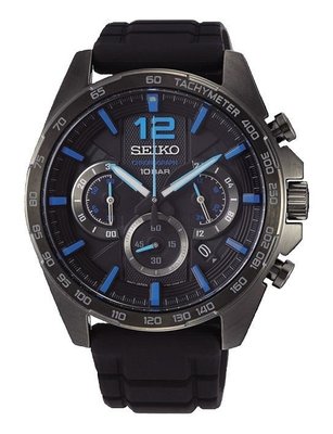 【金台鐘錶】SEIKO 精工 三眼計時錶 防水100M 44mm 黑x藍 (膠帶) SSB353P1