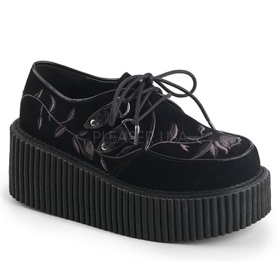 Shoes InStyle《三吋》美國品牌 DEMONIA 原廠正品英式龐克歌德蘿莉絲絨繡花厚底平底鞋 有大尺碼『黑色』