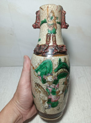 清代 中期哥釉刀馬人物瓶 哥釉 瓷花瓶 大瓶