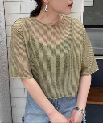 日本lowrys farm 圓領芥末黃色波浪邊條紋寬鬆透視感短袖罩衫上衣