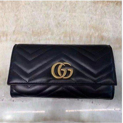 歐洲二手精品Gucci GG Marmont 山形紋黑色掀蓋 女用 長夾 皮夾 黑色 拉鍊 扣子 真皮 443436