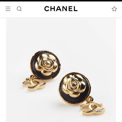 Chanel 金色山茶花C logo黑色皮革耳環