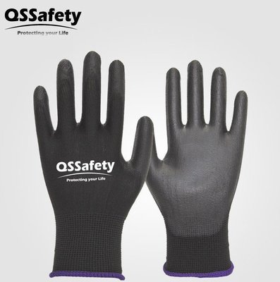 QSSafety無塵PU沾膠耐磨電子工地手套 園藝汽車透氣防護黑色手套