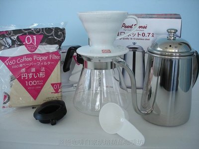 【圖騰咖啡】日本Hario手沖4合一套餐:手沖咖啡細口壺+耐熱玻璃壺+Hario錐形陶瓷濾杯1~2人份+Hario濾紙+600ML玻璃壺
