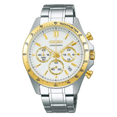 【金台鐘錶】SEIKO 精工 SBTR024 (附原廠盒)防水100米 不鏽鋼錶帶三眼計時男錶 (白X金面) 40mm