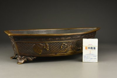 【日本古漾】120204日本回流 大明宣徳年製在銘 寶物魚波紋 唐銅船形水盤  老件 43.5×26cm