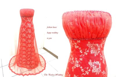 【時尚屋婚紗禮服】紅色露肩蕾絲長擺設計師窄擺造型款~二手禮服～Ｂ５１８(歡迎預約試穿)