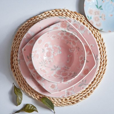 有古窯日本進口陶瓷餐具釉下彩日式家用菜盤櫻花平盤瓷器方形深盤