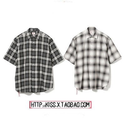 2021日本潮流夏季新款BEAMS JAPAN下擺紅繩日系寬松格子短袖襯衫-雙喜生活館