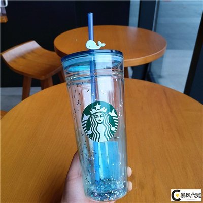 星巴克韓式藍色鯨魚雙層玻璃吸管杯亮片卡通水杯子有蓋少女心桌面~特價~米奇妙妙屋超夯 精品