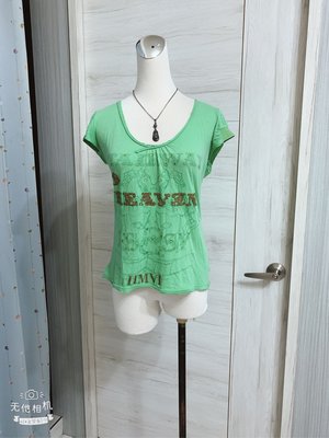 義大利精品服飾蘋果綠英文字母圖騰水鑽圓領短袖女性T恤