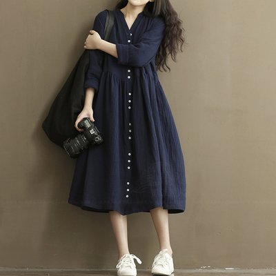 白色 藏青色 棉麻 洋裝 連身裙 連衣裙 ~ G9123