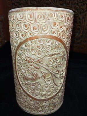 Y0014-1 竹雕竹根雕龍筆筒 早期收藏 高20cm 直徑12.5cm 龍雕老件 天然竹裂 特價