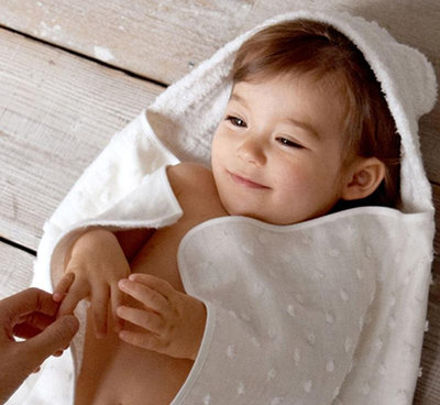 發現花園 日本選物 ~ 日本製 Kontex 今治毛巾 有機棉 圓點點 嬰兒 新生兒 連帽 浴巾