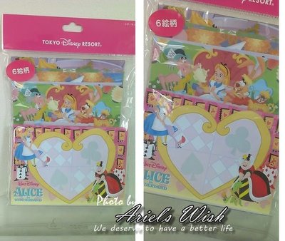 Ariel's Wish-日本東京迪士尼Disney愛麗絲Alice時鐘兔子妙妙貓撲克牌皇后愛心彩色信紙貼紙組-已絕版