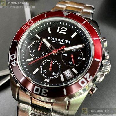 COACH手錶,編號CH00062,44mm紅黑色圓形精鋼錶殼,黑色三眼, 時分秒中三針顯示, 水鬼錶面,銀色精鋼錶帶