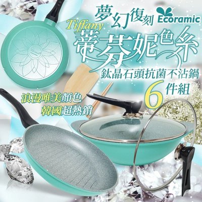 【現貨】韓國 Ecoramic 鈦晶石頭抗菌不沾鍋 夢幻完美復刻版Tiffany藍色系6件組