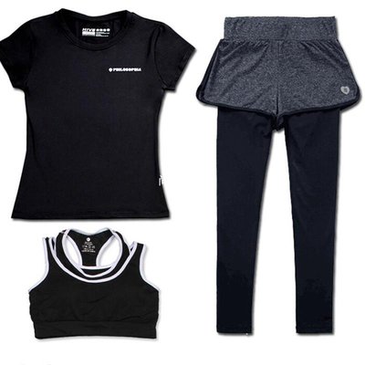 現貨熱銷-女士運動3件套裝瑜伽套裝速乾黑色短袖T恤運動內衣和假兩件桃心褲子爆款