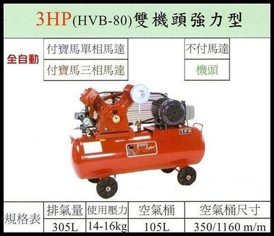【優質五金~來電詢價】臺灣製 寶馬 3HP 單相 空壓機 HVB-80 雙機頭強力型 二段高壓式
