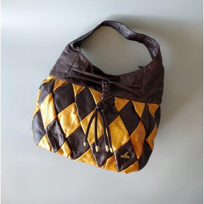 200904品牌lubiya褐色橘黃色菱格紋真皮肩背包手提包庫存品