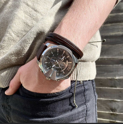 全新正品DIESEL Mege CHIEF 棕色皮革錶帶 石英 三眼計時 男士手錶 DZ4290