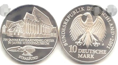 現貨熱銷-【紀念幣】聯邦德國2001年收關10馬克高銀925紀念幣(施特拉松海洋博物館)