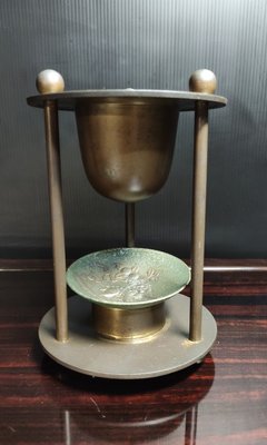 早期銅雕老件-猴子銀盤雙層油燈（辦公室/銅雕/雕刻/收藏/古董/擺件/擺飾）