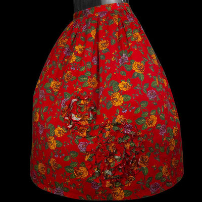 專櫃品牌0918復古紅色抓褶玫瑰花長裙 日本製