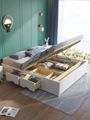 特賣-榻榻米床無床頭 白色實木床單人床1.2米床柜一體床落地氣壓儲物床