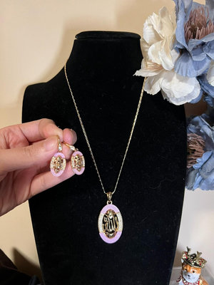 vintage中古Gucci家設計師品牌Fj粉色素金項鍊耳環