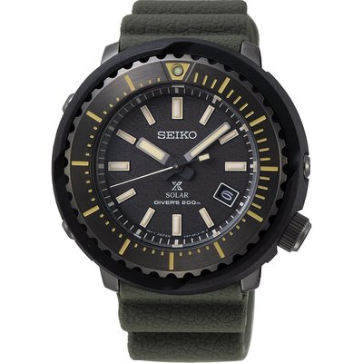 【金台鐘錶】SEIKO 精工錶 鮪魚罐頭 46mm 太陽能 200m 潛水錶 (黑面綠膠帶) SNE543P1