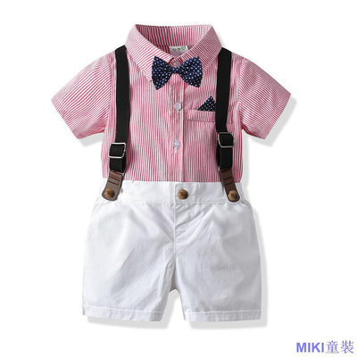 MK童裝現貨 夏季兒童寶寶短信條紋襯衫揹帶褲禮服幼兒園寶寶男寶週歲禮服套裝